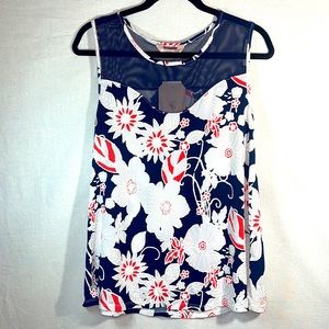 SJS Sleeveless Blouse with Floral Print and Mesh Collar